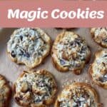Ingredients, mixing, and baked magic cookies with coconut, chocolate, and nuts shown in a collage. Magic Cookies text in the center. Website branding included.