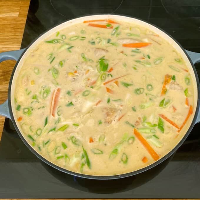 Dixie Chicken A large pan filled with creamy soup containing sliced carrots, green onions, and other vegetables, simmering on a stovetop.