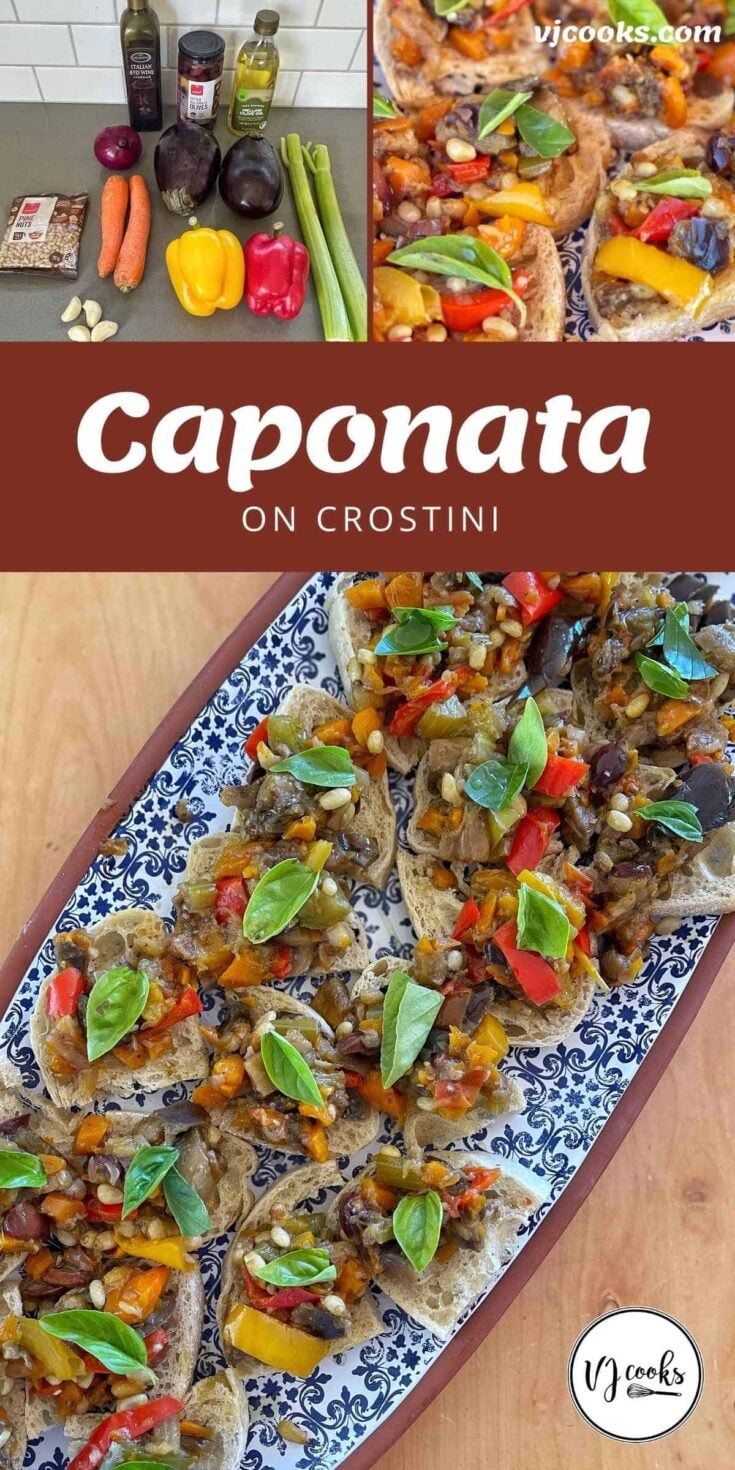 A platter of crostini topped with a colorful caponata mixture of eggplant, bell peppers, and fresh basil on a patterned serving tray.