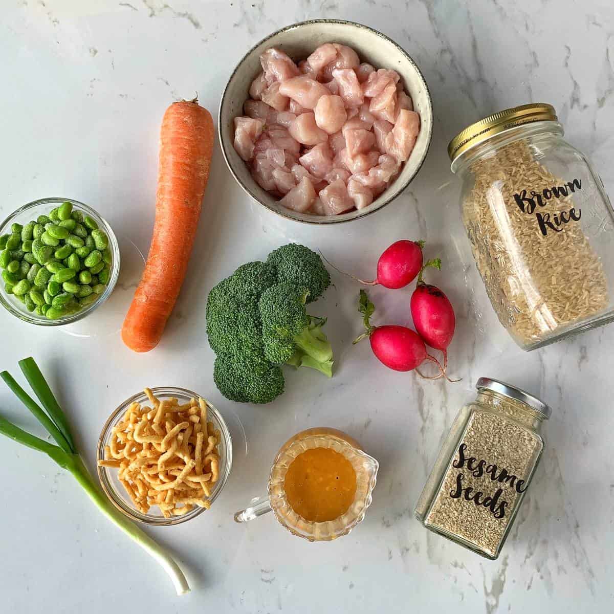 A group of food items on a marble surface.