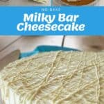 No-bake Milky Bar cheesecake with a graham cracker crust, creamy white chocolate filling, and white chocolate drizzle, shown with ingredients and preparation steps.