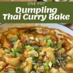 Ingredients for a dumpling Thai curry bake, uncooked dumplings in a pan, and a finished dish topped with sesame seeds and green onions.
