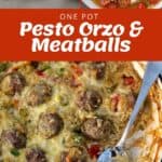 Collage showing pesto orzo and meatballs ingredients, a bowl of the finished dish, and a baking dish with cooked meatballs, pasta, and vegetables. Text reads One Pot Pesto Orzo & Meatballs.