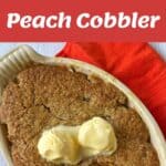 Collage showing peach cobbler ingredients, a bowl of cobbler, and a baked peach cobbler topped with two scoops of vanilla ice cream on an orange napkin.