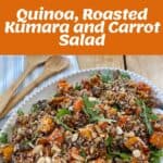 Ingredients, chopped vegetables, and a plate of quinoa salad with roasted kumara, carrots, red onion, arugula, and sliced almonds are shown in a step-by-step collage.