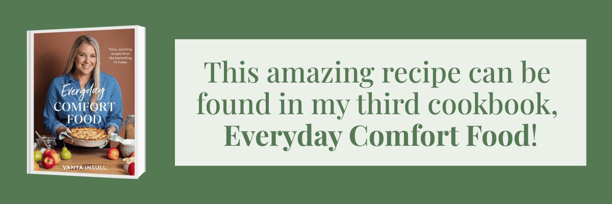 A woman holds a pie on the cover of a cookbook titled Everyday Comfort Food. Text beside it promotes finding a recipe in the cookbook.