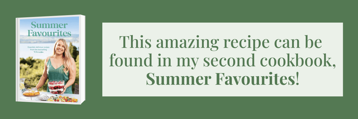 Image of a cookbook titled Summer Favourites with a woman holding food, next to text promoting a recipe from the book, Summer Favourites.