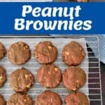 Ingredients and baking supplies, a jar of cookies with milk, and a cooling rack with freshly baked peanut brownies.