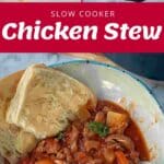 Overhead collage of chicken stew ingredients, stew cooking in a slow cooker, and a bowl of finished chicken stew with bread.