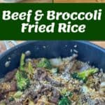 Collage showing ingredients, meal prep containers, and a skillet with beef and broccoli fried rice topped with sesame seeds.