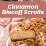 Three images show cinnamon Biscoff scrolls: unbaked dough rolls in a pan, iced scrolls, and a frosted scroll topped with a Lotus Biscoff biscuit and cookie crumbs.