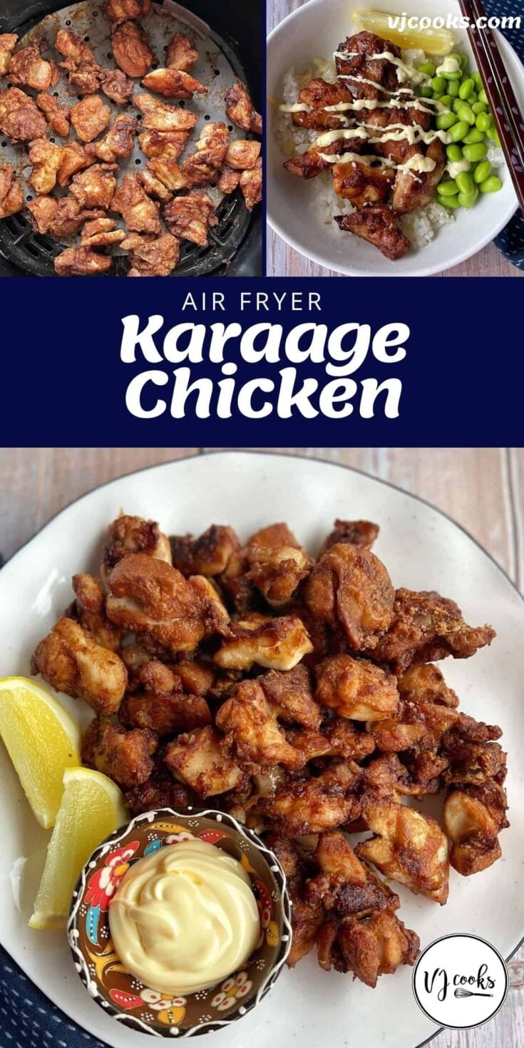 A collage showing air fryer karaage chicken being cooked, served with rice and edamame, and plated with lemon wedges and dipping sauce.