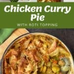 A pot of chicken curry pie topped with baked roti, surrounded by raw ingredients and cooking utensils, is shown in three stages of preparation.
