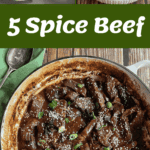 Collage showing ingredients, preparation, and final dish of 5 spice beef served with bok choy, garnished with sesame seeds and spring onions. Recipe is by vjcooks.com.