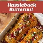 A sliced and baked butternut squash topped with feta, herbs, and pomegranate seeds, shown before and after cooking, with some preparation ingredients on the side.