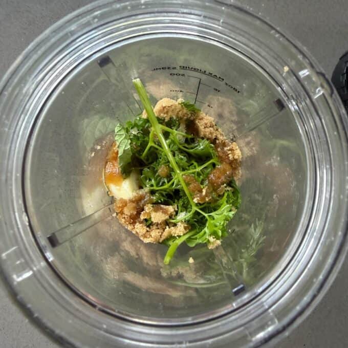 BBQ Lamb with Fresh Mint Sauce Top view of a blender cup containing fresh herbs, brown sugar, and other ingredients before blending.