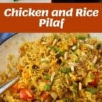 A collage showing chicken and rice pilaf ingredients, the dish cooking in a pot, and a close-up of the finished pilaf garnished with nuts and herbs.