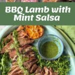 Four steps for BBQ Lamb with Fresh Mint sauce: gather ingredients, season the lamb, grill to perfection, then slice and serve with fresh mint sauce, grilled lemon, and arugula.