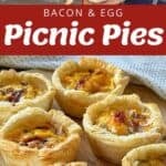Assorted bacon and egg picnic pies on a wooden board, with a photo of ingredients including eggs, bacon, and puff pastry above.