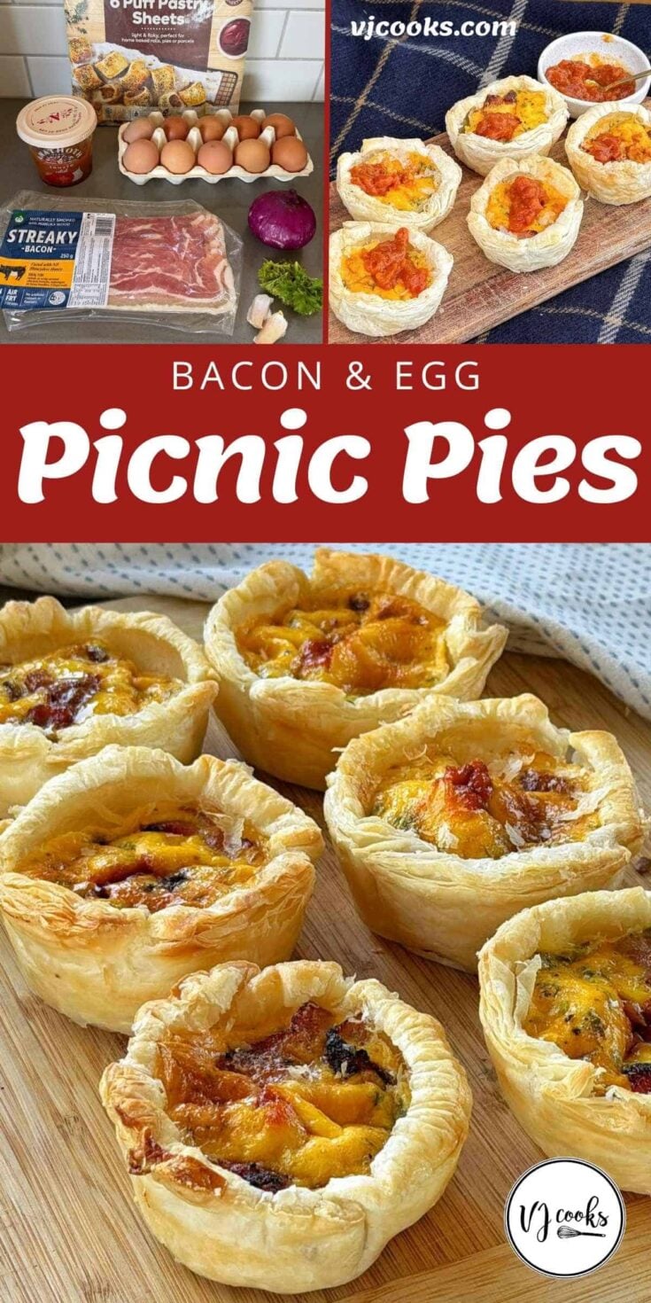 Assorted bacon and egg picnic pies on a wooden board, with a photo of ingredients including eggs, bacon, and puff pastry above.