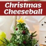 A festive Christmas tree-shaped cheeseball decorated with herbs and cranberries, surrounded by crackers and cucumber slices, with preparation ingredients and steps shown above.