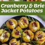 A plate of baked jacket potatoes topped with melted brie cheese and cranberry sauce, garnished with rosemary. Ingredients and preparation steps are shown above.