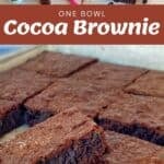 Ingredients for brownies, including cocoa powder, flour, sugar, eggs, butter, vanilla, and milk, are shown. Finished chocolate brownies are displayed sliced on a tray and stacked.