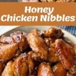 Collage showing ingredients for honey chicken nibbles, raw chicken wings, cooked and sauced wings, and a close-up of finished honey chicken nibbles in a bowl.