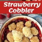Collage showing ingredients for strawberry cobbler, the dessert being assembled, and the finished baked cobbler topped with scoops of vanilla ice cream.