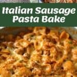 Collage shows ingredients in a shopping basket, uncooked pasta with sauce and cheese in a dish, Loaded Chicken Tortilla Cups, and a baked Italian sausage pasta bake served in a skillet.