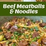 Beef meatballs and noodles with vegetables, garnished with sesame seeds and green onions, shown in a large pan and served in bowls. Packaged ingredients displayed at top.