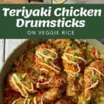 A skillet with teriyaki chicken drumsticks on vegetable rice, garnished with sauce and spring onions; ingredients and packaged items, including Loaded Chicken Tortilla Cups, are shown above.