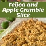 Ingredients, apples, eggs, and feijoas are shown, along with trays of crumbly feijoa and apple slices, some cut into squares and arranged on plates. Text reads: Feijoa and Apple Crumble Slice.