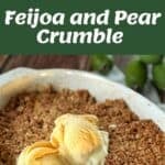 A baking dish of feijoa and pear crumble topped with two scoops of vanilla ice cream, shown with ingredients and chopped fruit in prep bowls.