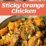 Collage showing ingredients, preparation, and finished dish of sticky orange chicken garnished with sesame seeds and sliced green onions. Recipe source labeled VJ cooks.