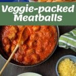 Collage showing ingredients for veggie-packed meatballs, cooked meatballs in tomato sauce, and a plated serving with spaghetti and grated cheese.