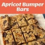 Ingredients and chopped apricots with chocolate, followed by baked and sliced oat bars labeled as Apricot Bumper Bars.