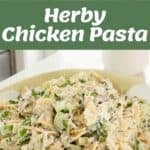 A bowl of herby chicken pasta with farfalle, shredded chicken, cucumber, red onion, and herbs; ingredients and preparation shown above.