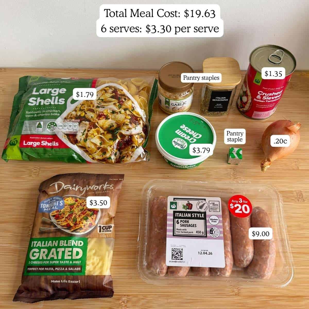 Ingredients for a pasta meal, including large pasta shells, grated cheese, Italian sausages, canned tomatoes, garlic, herbs, and an onion, with each item’s price labeled.