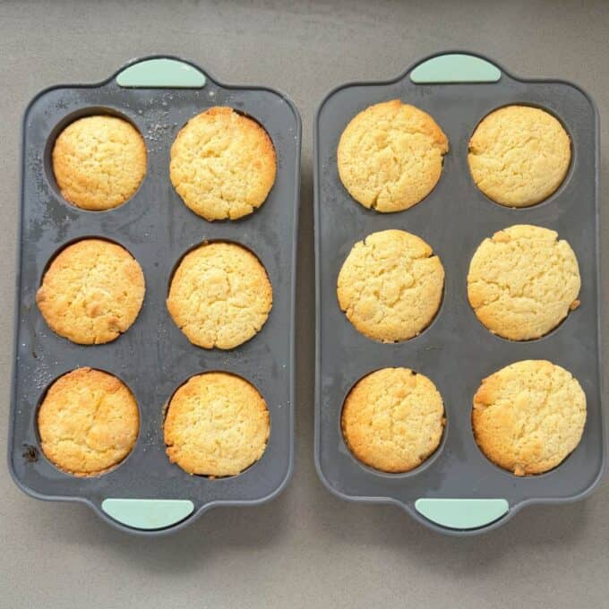 Lemon, Yoghurt and White Chocolate Muffins Two muffin trays, each holding six freshly baked golden muffins, are placed side by side on a gray countertop.