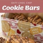 Ingredients for oat and chocolate chip cookie bars, mixing process, and finished bars drizzled with chocolate displayed in a tin and on a tray.