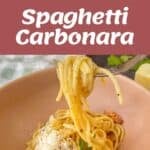 Collage showing ingredients for spaghetti carbonara, uncooked spaghetti, cheese, bacon, and cream, plus plated servings of the finished pasta dish garnished with parsley and grated cheese.