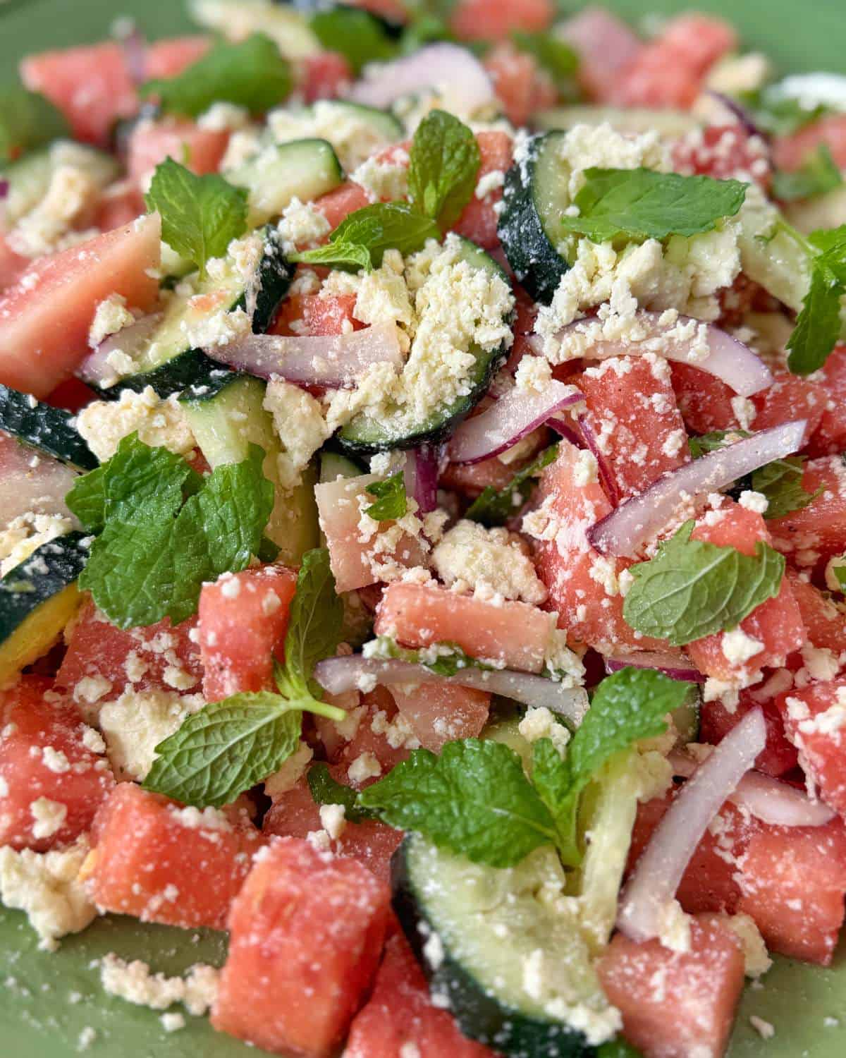 Watermelon, Feta and Mint Salad A close-up of a watermelon salad with cucumber slices, red onion, crumbled feta cheese, and fresh mint leaves on a green plate.