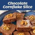 A plate of chocolate cornflake slices topped with walnuts; ingredients and mixing process shown above the finished dessert.