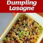 Collage showing ingredients, preparation, and finished baked dumpling lasagne garnished with chili oil, sesame seeds, and sliced spring onions.