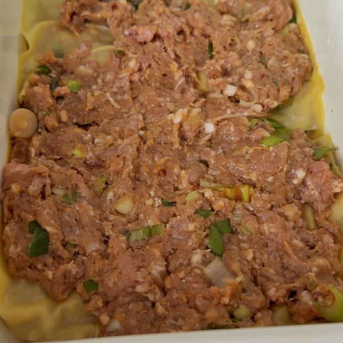 Pork Mince Dumpling Lasagne A close-up of raw ground meat mixed with chopped green onions spread over a layer of yellow dough in a container.