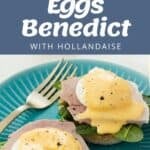 A plate with two eggs benedict on spinach and ham, topped with hollandaise sauce, next to a broken poached egg. Ingredients and sauce preparation are shown above.