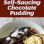 A bowl of self-saucing chocolate pudding with a scoop of vanilla ice cream, surrounded by baking ingredients and a mixing bowl. Text overlay reads Microwave Self-Saucing Chocolate Pudding.