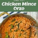 Collage showing ingredients for chicken mince orzo, a pot of cooked orzo with spinach and cream, and a serving spoon in the finished dish. Text reads One Pot Chicken Mince Orzo.