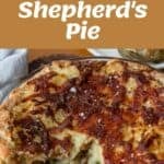 Collage showing ingredients, preparation, and a baked shepherd’s pie with a golden puff pastry crust, beef, and vegetables inside. Text reads Shepherds Pie and vj cooks.